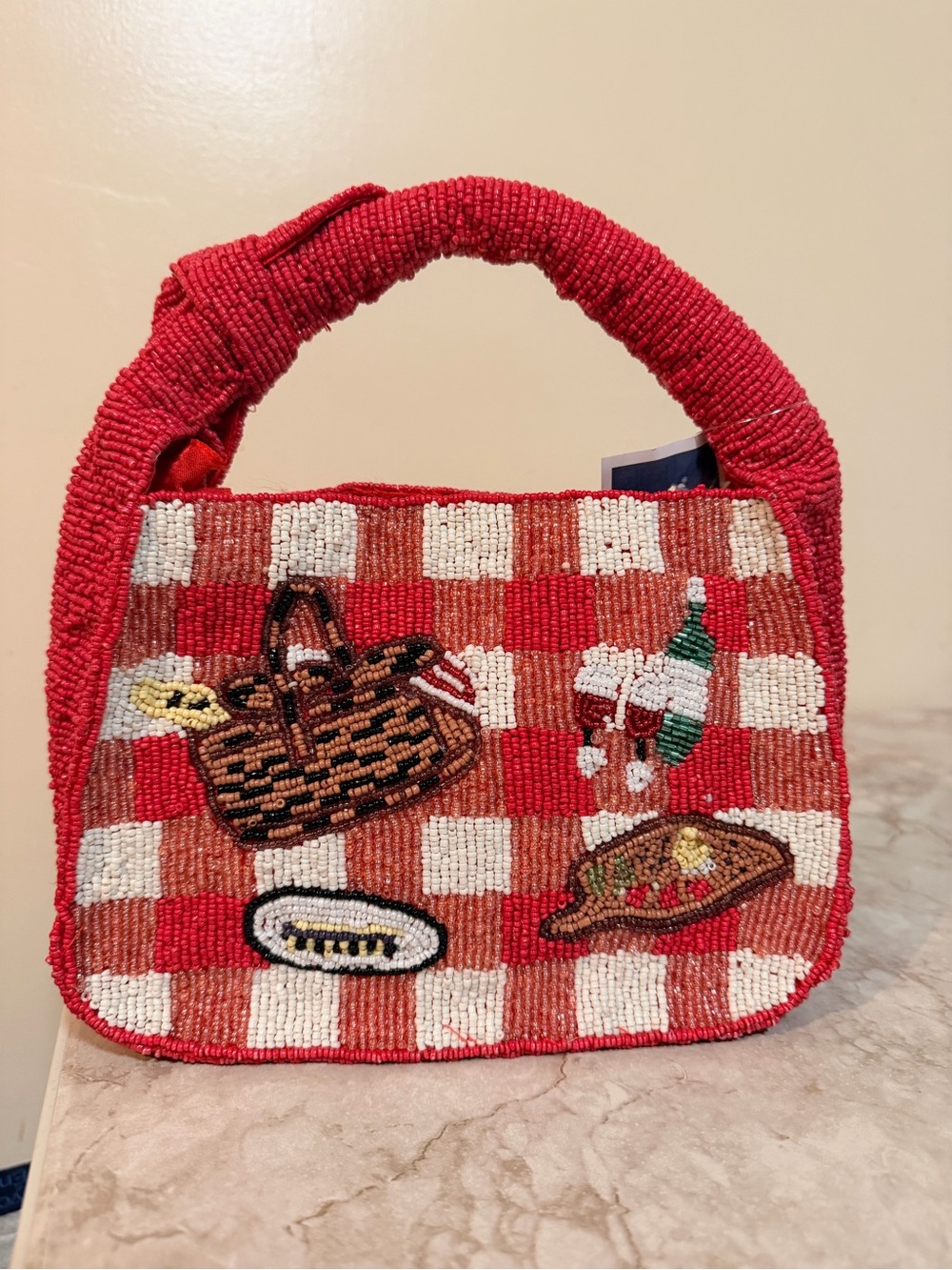 Red Beaded Mini Tote with Picnic Patchwork Design